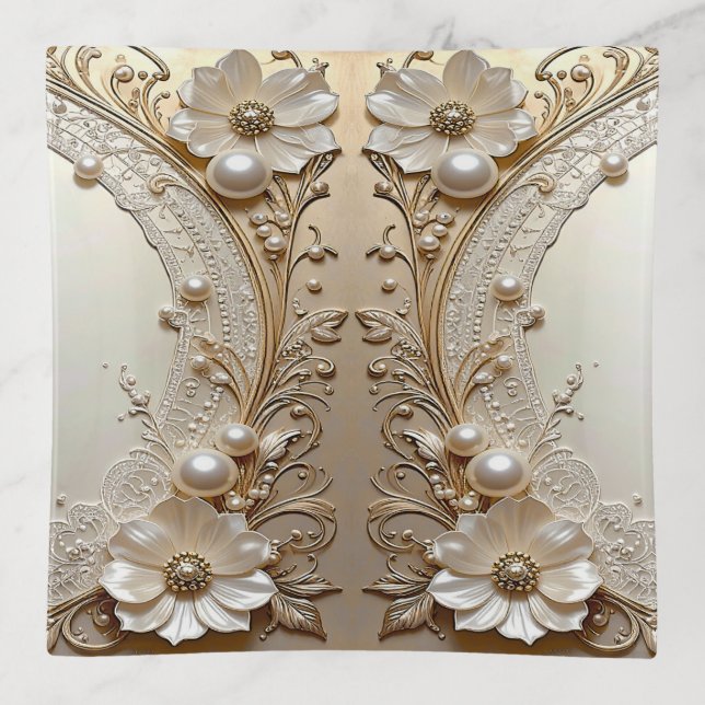 Modern White Flowers Pearls Trinket Tray (Front)