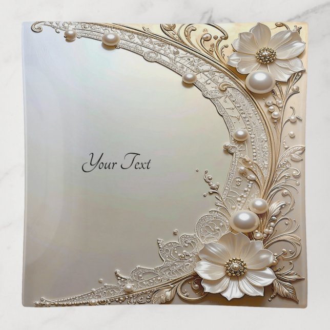Modern White Flowers Pearls Trinket Tray (Front)