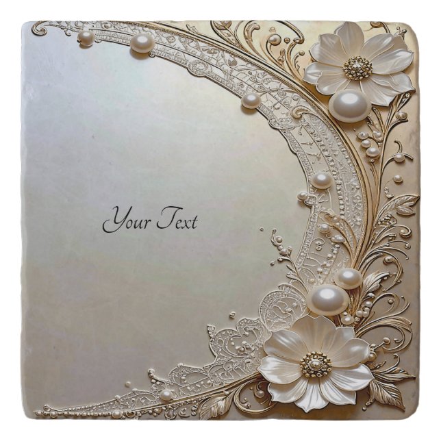 Modern White Flowers Pearls Trivet (Front)