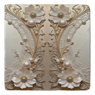 Modern White Flowers Pearls Trivet