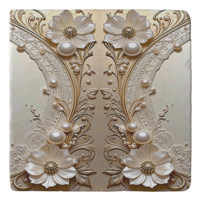 Modern White Flowers Pearls Trivet (Front)