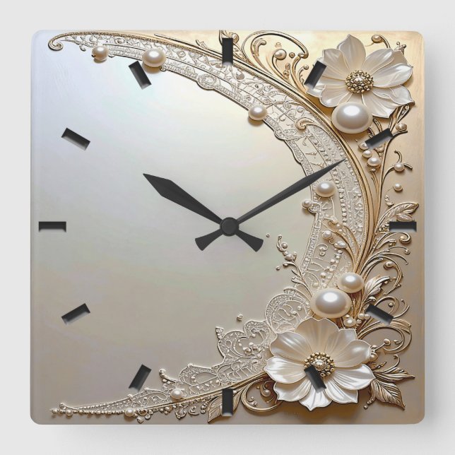 Modern White Flowers Pearls Wall Clock (Front)