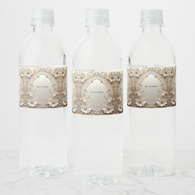 Modern White Flowers Pearls Water Bottle Label (Bottles)