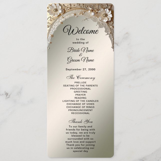 Modern White Flowers Pearls Wedding Program (Front)