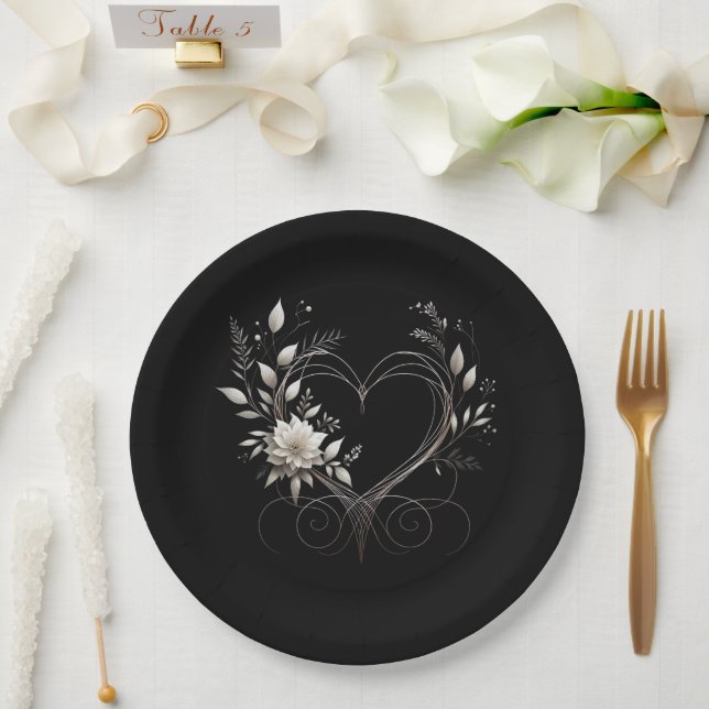 Modern White Flowers with a Heart Paper Plates (Wedding)