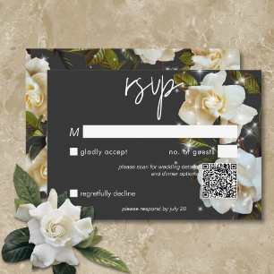 Modern White Gardenias on Black Sparkle QR Code RSVP Card