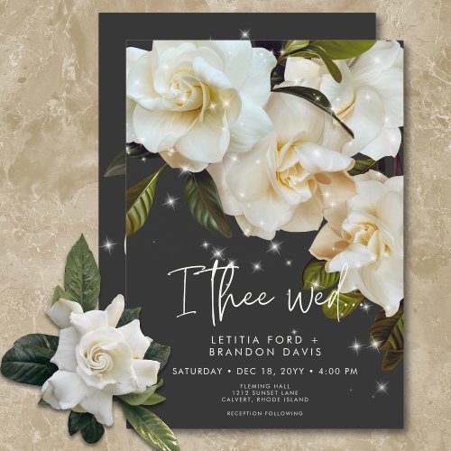 Modern White Gardenias on Black Sparkle Wedding Invitation