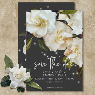 Modern White Gardenias on Black Sparkle Wedding Save The Date
