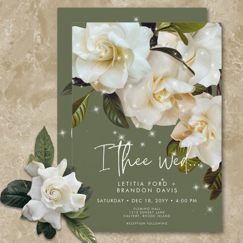 Modern White Gardenias on Sage Sparkle Wedding Invitation