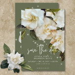 Modern White Gardenias on Sage Sparkle Wedding Save The Date<br><div class="desc">Introducing our enchanting wedding save the date card. Delicately crafted on an sage green backdrop, this design exudes modern elegance with a touch of whimsy. Adorned with shimmering stars and glittering accents, it captures the magic of a starlit garden soirée or an enchanted holiday ceremony. The pristine white gardenia petals...</div>