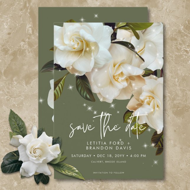 Modern White Gardenias on Sage Sparkle Wedding Save The Date (Modern White Gardenias on Sage Sparkle Wedding Save The Date)