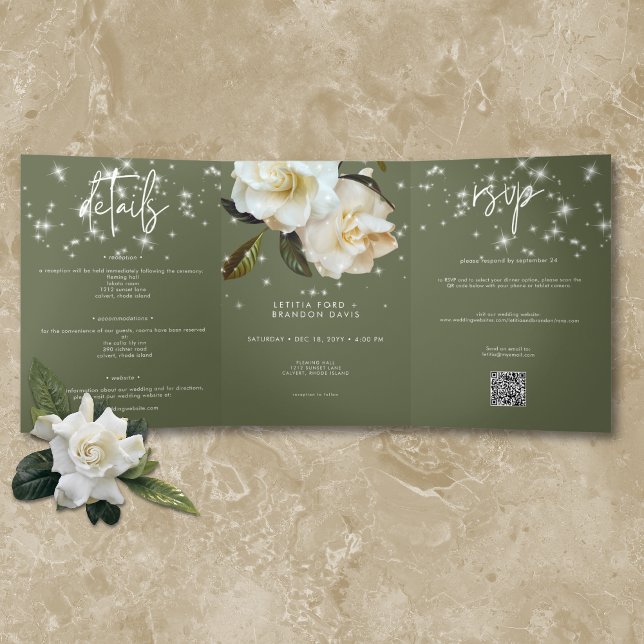 Modern White Gardenias on Sage Sparkle Wedding Tri-Fold Invitation (Modern White Gardenias on Sage Sparkle Wedding Tri-Fold Invitation)