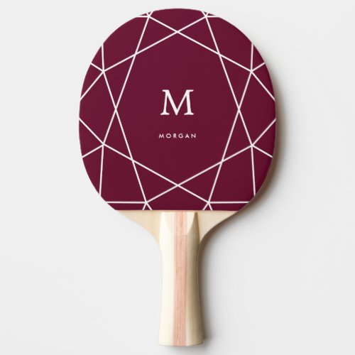 Modern White Geometric and Monogram  Merlot Ping Pong Paddle