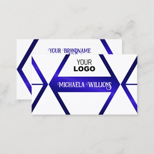 Modern White Geometric Blue Shimmer Chic with Logo Business Card