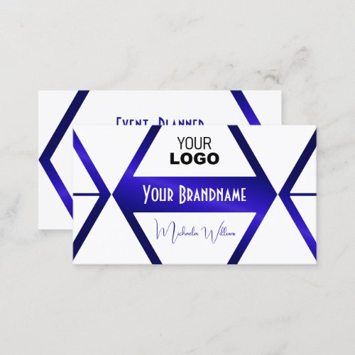 Modern White Geometric Blue Shimmer Cool with Logo Business Card