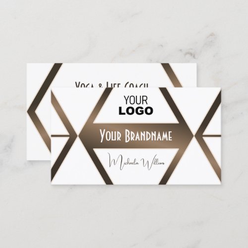 Modern White Geometric Brown Shimmer with Logo Business Card