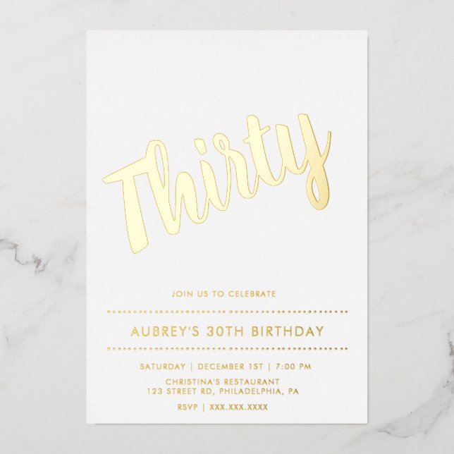 Modern White Gold 30th Birthday Foil Invitation (Front)