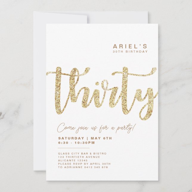 Modern White & Gold 30th Birthday Invitation (Front)