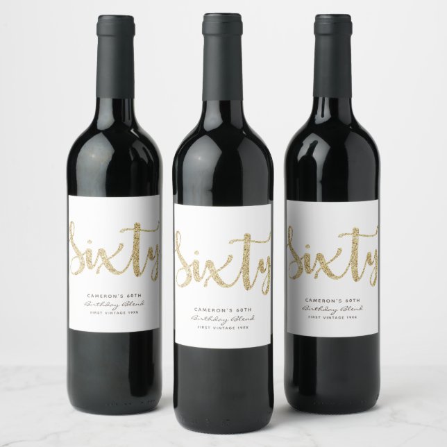 Modern White & Gold 60th Birthday Personalized Wine Label (Bottles)