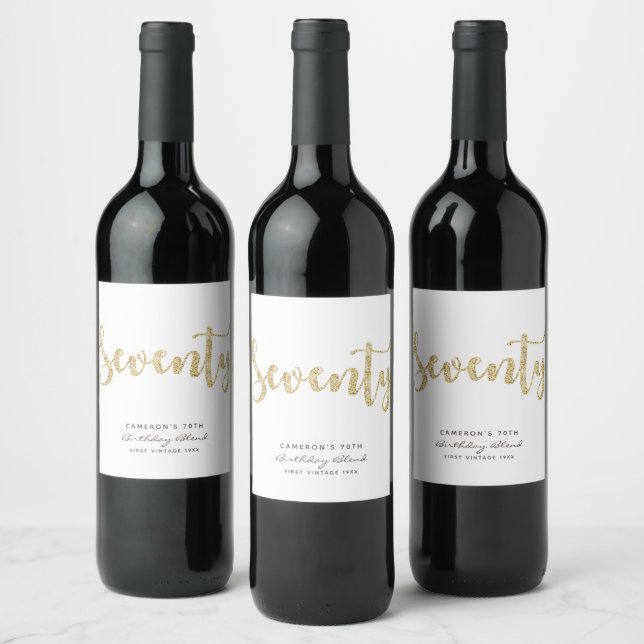 Modern White Gold 70th Birthday Personalized Wine Label (Bottles)