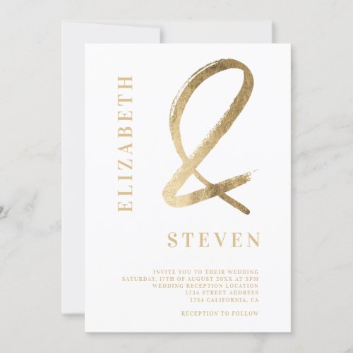 Modern white gold ampersand names photo wedding invitation