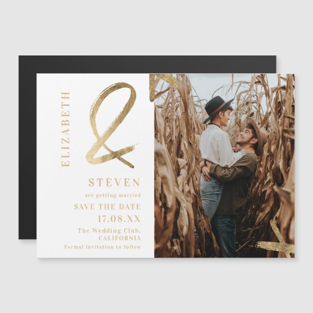 Modern white gold ampersand photo save the date (Front/Back)