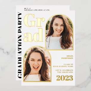 Modern white gold arch 3 photos graduation foil invitation