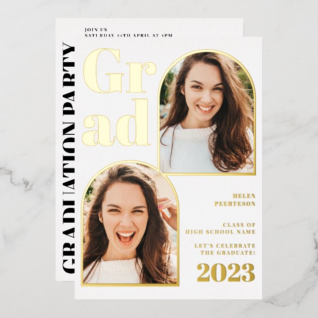 Modern white gold arch 3 photos graduation foil invitation (Front/Back)