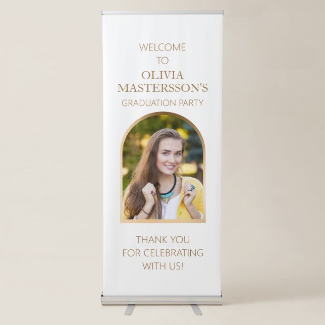 Modern White Gold Arch Graduation Photo Retractable Banner (Front)