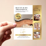 Modern White & Gold Beauty Salon Logo Marketing Flyer<br><div class="desc">Modern White & Gold Beauty Salon marketing flyer with space for your logo, services, contact details and a photo collage. This professional spa or salon promotional leaflet features faux gold design with white background - elegant and chic so your brand can stand out. An easy way to advertise your makeup,...</div>