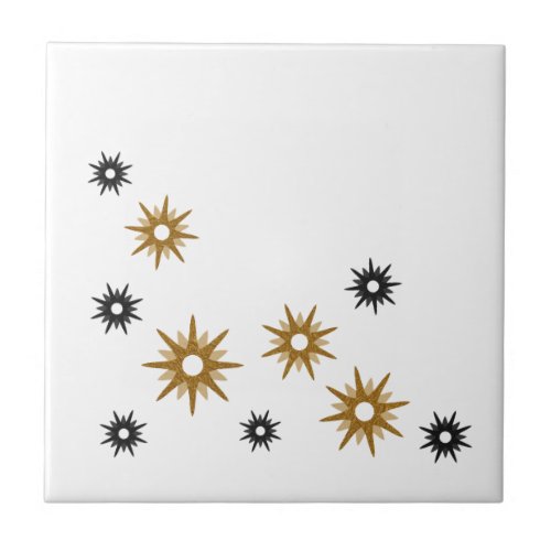 Modern White Gold  Black Starburst Design Ceramic Tile