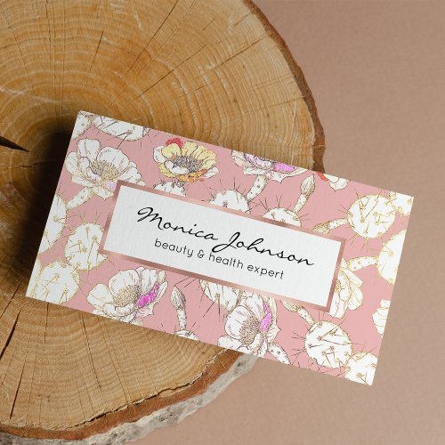 Modern White Gold Blush Pink Cactus Floral Pattern Business Card