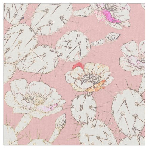 Modern White Gold Blush Pink Catus Floral Pattern Fabric