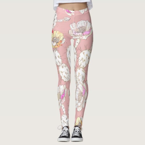 Modern White Gold Blush Pink Catus Floral Pattern Leggings