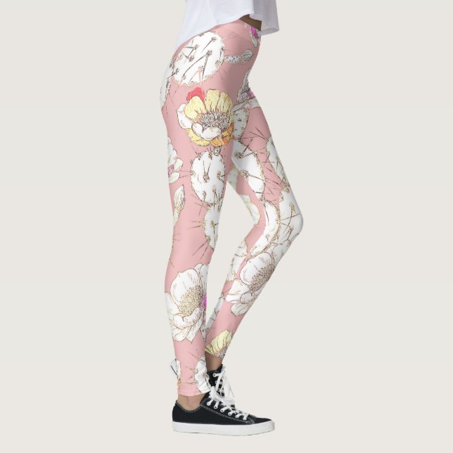 Modern White Gold Blush Pink Catus Floral Pattern Leggings (Right)