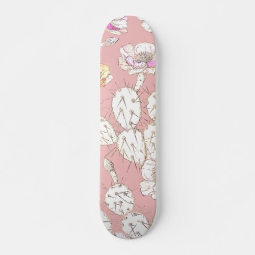 Modern White Gold Blush Pink Catus Floral Pattern Skateboard