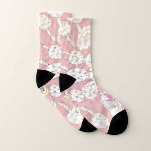 Modern White Gold Blush Pink Catus Floral Pattern Socks