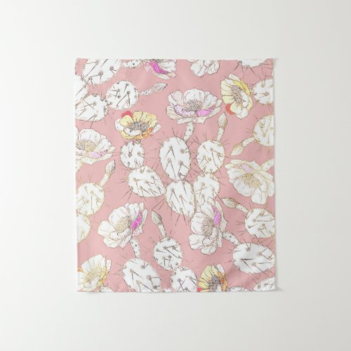 Modern White Gold Blush Pink Catus Floral Pattern Tapestry