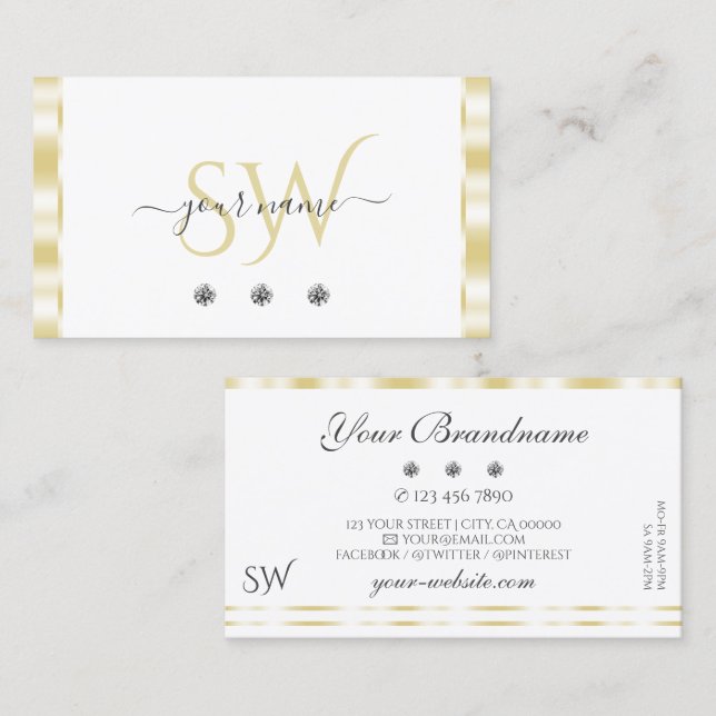 Modern White Gold Border Sparkle Diamonds Initials Business Card (Front/Back)