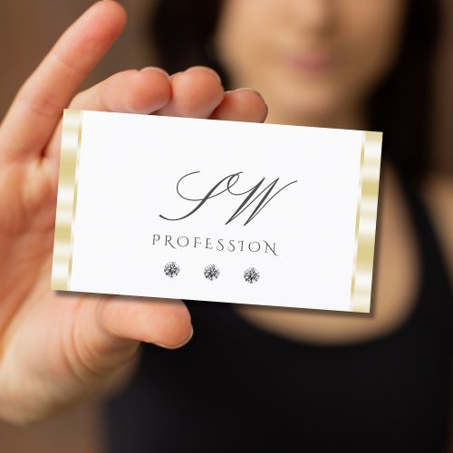 Modern White Gold Border Sparkle Diamonds Monogram Business Card