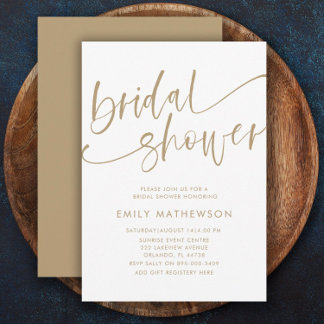 Modern White & Gold Calligraphy Bridal Shower Invitation