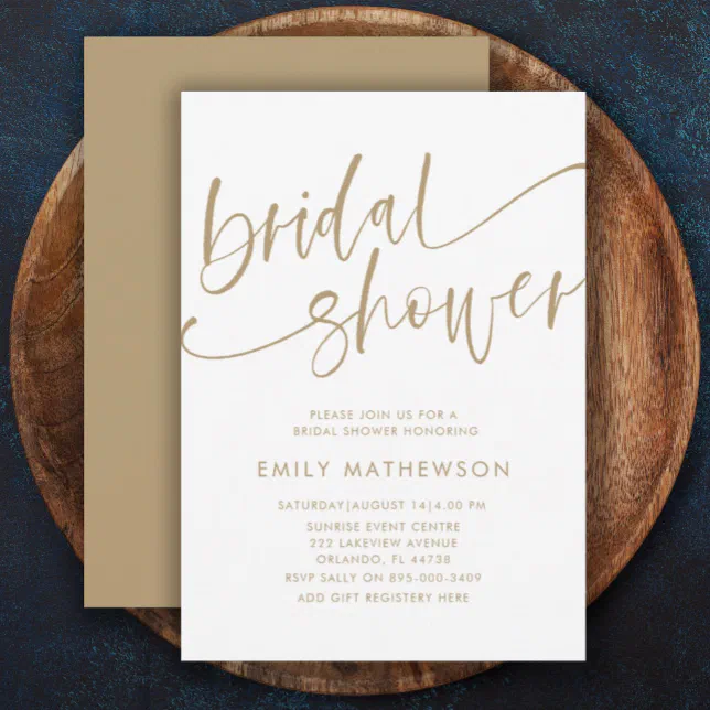 Modern White & Gold Calligraphy Bridal Shower Invitation | Zazzle