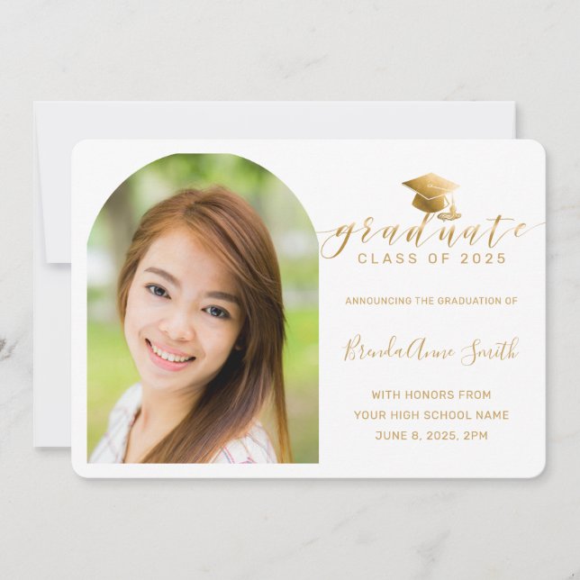 Modern White Gold Cap Script Arch Photo Graduation Announcement (Front)