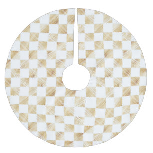 Modern White Gold Checkerboard Pattern Brushed Polyester Tree Skirt