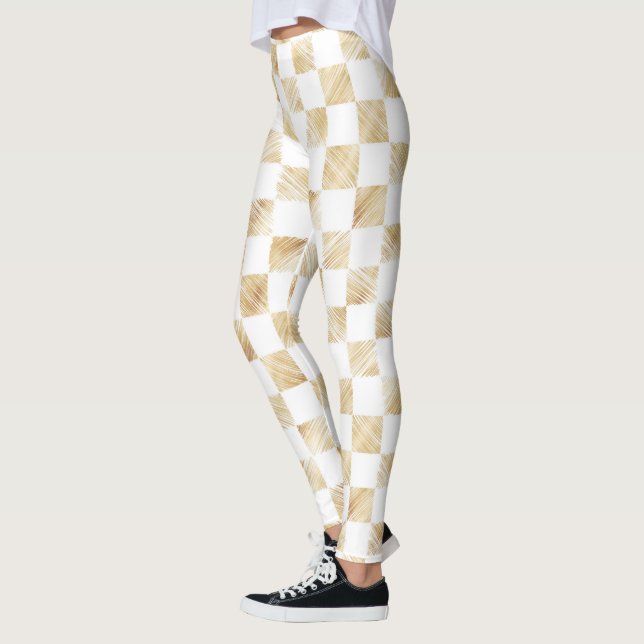 Modern White Gold Checkerboard Pattern Leggings (Left)