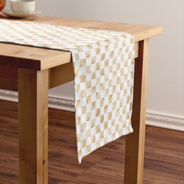 Modern White Gold Checkerboard Pattern Short Table Runner (In Situ)