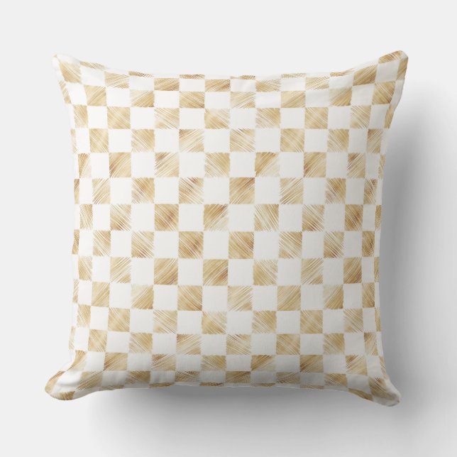 Modern White Gold Checkerboard Pattern Throw Pillow (Front)