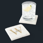Modern White Gold Custom Monogram Name Script  Stone Coaster<br><div class="desc">Girly Modern Elegant White and Gold Monogram Initial Name Signature Script Custom Personalized Stone Coaster. This design featuring your first name in a pretty hand lettered style swash tail font typography (or calligraphy) with monogram initial in gold and black on white color background. These are easy to customize it. Great...</div>