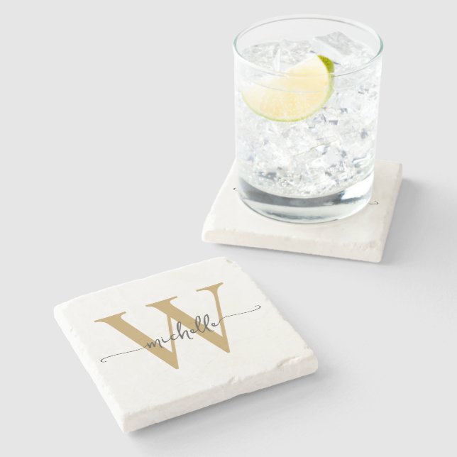 Modern White Gold Custom Monogram Name Script  Stone Coaster (Side)