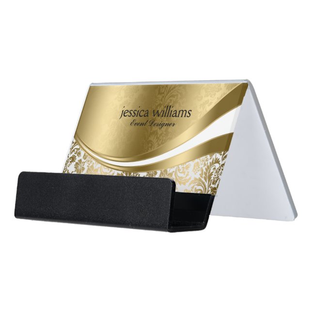 Modern White & Gold Damasks & Stripes Desk Business Card Holder (Angled Front)